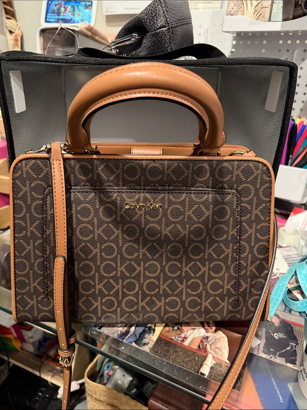 Calvin Klein Brown Monogram Satchel with Tan Trim